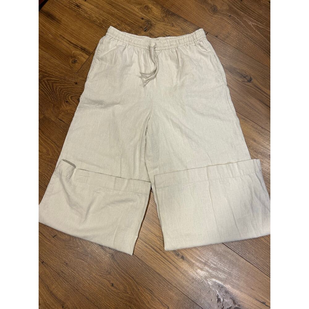 MAX STUDIO Sz L Linen Tan Wide Leg Womens Pants Natural Beachy Clean Girl Breath